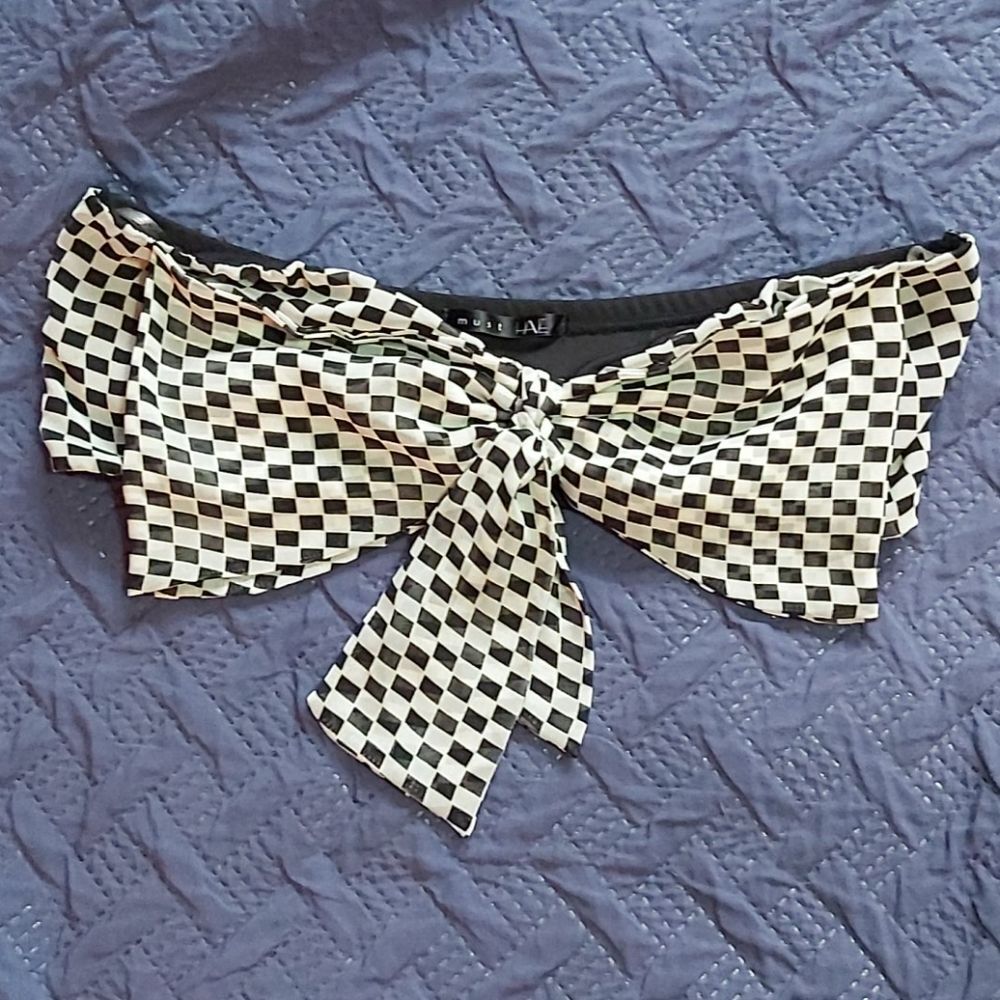 Checkered Bow Bandeau Top Black White Checkerboard Tube Crop Y2K Coquette Large